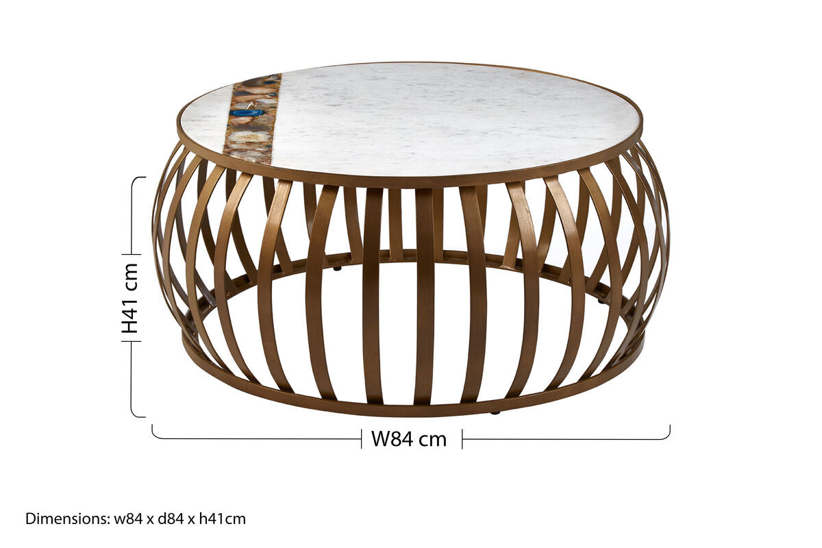 Semi-Precious Agate and White Marble Top Round Coffee Table with Brass Finish Iron Base, Vizzini
