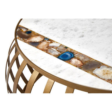 Semi-Precious Agate and White Marble Top Round Coffee Table with Brass Finish Iron Base, Vizzini