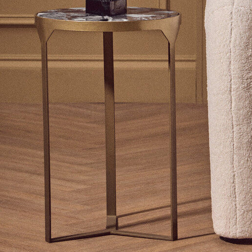 Round Polished Blue Agate Side Table with Gold Intersecting Legs | Vizzini