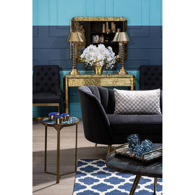 Round Polished Blue Agate Side Table with Gold Intersecting Legs | Vizzini
