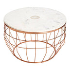 White Marble Top Coffee Table with Agate Inset and Copper Iron Wireframe Base | Vizzini
