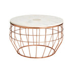 White Marble Top Coffee Table with Agate Inset and Copper Iron Wireframe Base | Vizzini