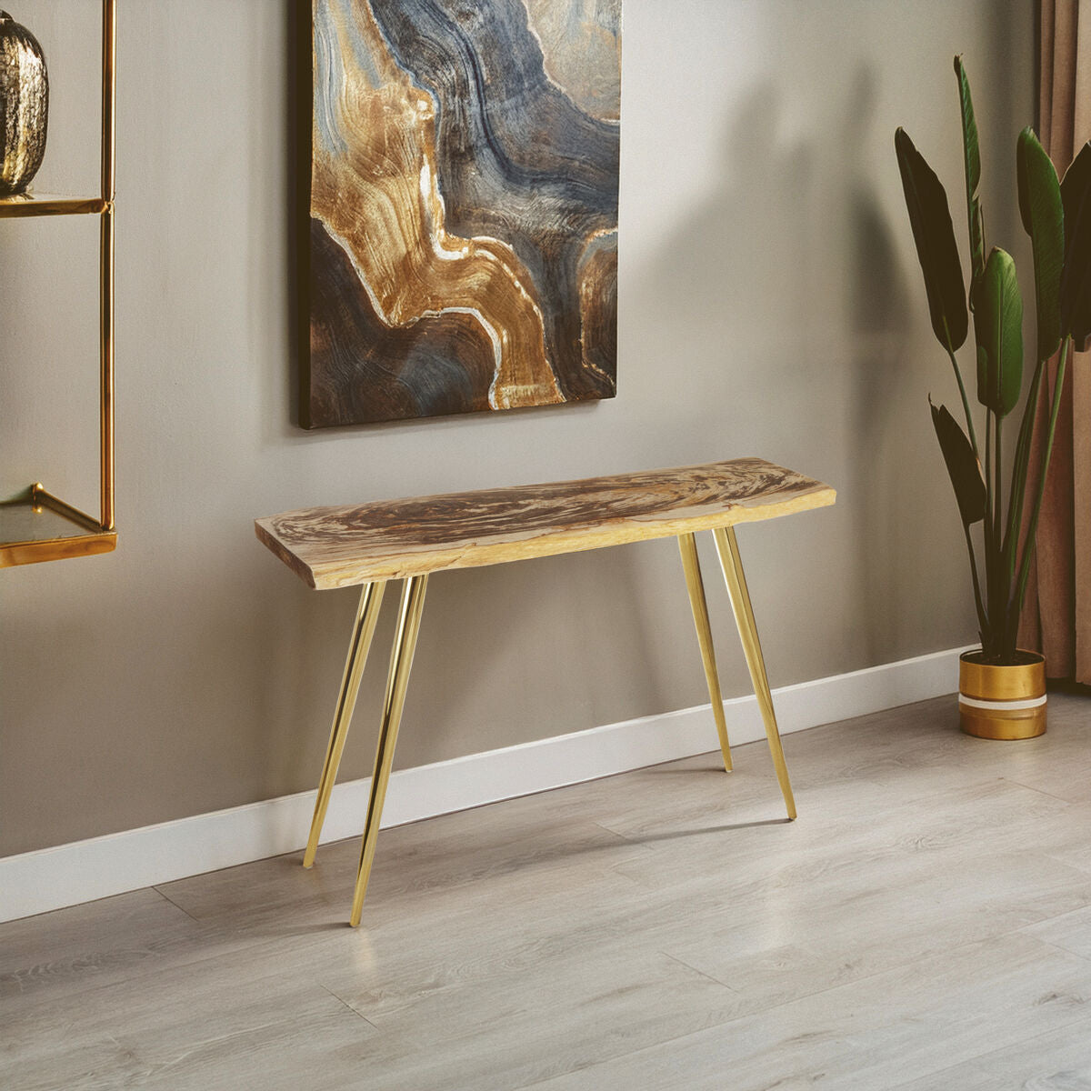 Natural and Rustic Petrified Wood Console Table Slim Brass Finish Iron Legs, Relic