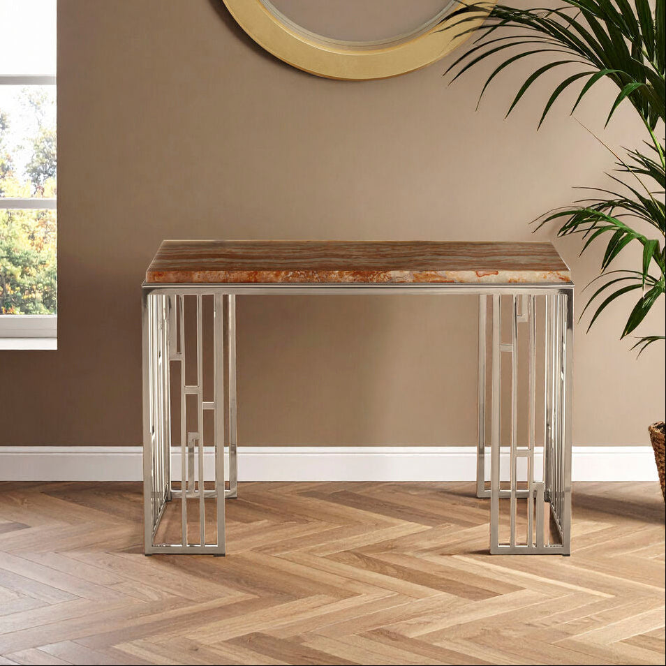 Natural Onyx Stone Top Console Table with Silver Stainless Steel Frame | Relic
