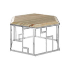 Natural Onyx Stone Top Hexagonal Coffee Table with Wavy Banding and Silver Stainless Steel Frame | Relic