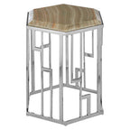 Natural Onyx Stone Top Hexagonal Side Table with Wavy Banding and Silver Stainless Steel Frame | Relic