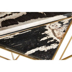 Dark Petrified Wood Top Rectangular Side Table with Gold Brass Tone Iron Base | Relic
