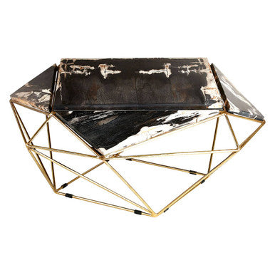 Rustic Dark Petrified Wood Coffee Table with Gold Brass Geometric Frame | Relic