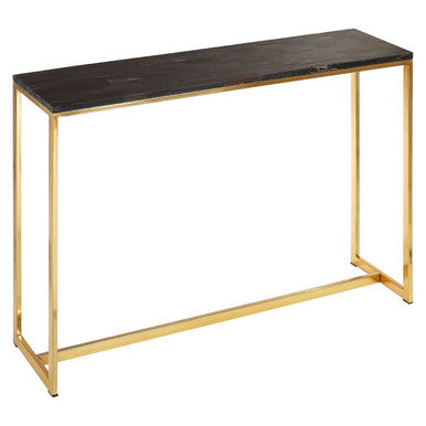 Dark Petrified Wood Top Console Table with Brass Finish Geometric Frame, Relic