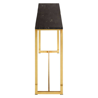 Dark Petrified Wood Top Console Table with Brass Finish Geometric Frame, Relic