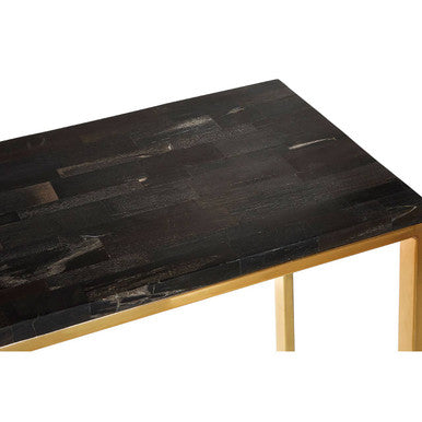 Dark Petrified Wood Top Console Table with Brass Finish Geometric Frame, Relic