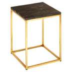 Black Petrified Wood Top Square Side Table with Gold Warm Brass Iron Base | Relic