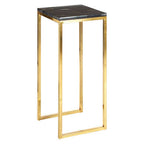 Black Petrified Wood Top Square Pedestal Side Table with Gold Warm Brass Iron Base | Relic