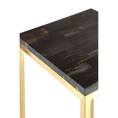 Black Petrified Wood Top Square Pedestal Side Table with Gold Warm Brass Iron Base | Relic