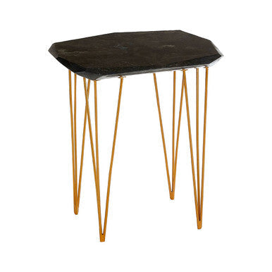 Small Black Marble Top Side Table with Gold Finish Iron Legs, Relic