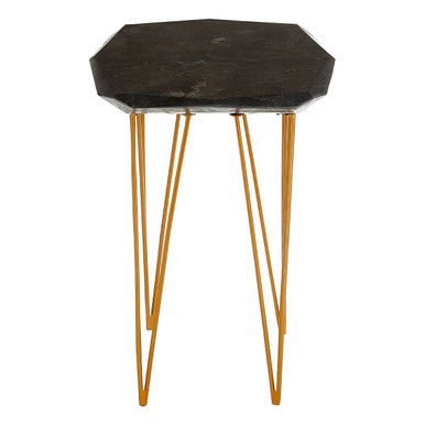 Small Black Marble Top Side Table with Gold Finish Iron Legs, Relic