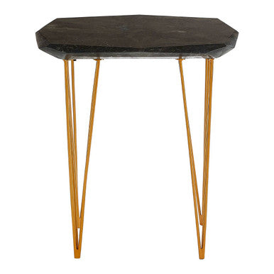 Small Black Marble Top Side Table with Gold Finish Iron Legs, Relic