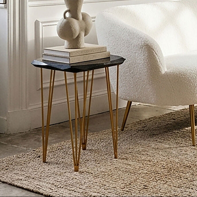 Small Black Marble Top Side Table with Gold Finish Iron Legs, Relic