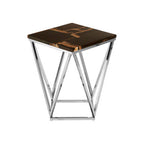 Dark Petrified Wood Side Table with Rustic Grained Top and Silver Stainless Steel Frame | Relic