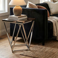 Dark Petrified Wood Side Table with Rustic Grained Top and Silver Stainless Steel Frame | Relic