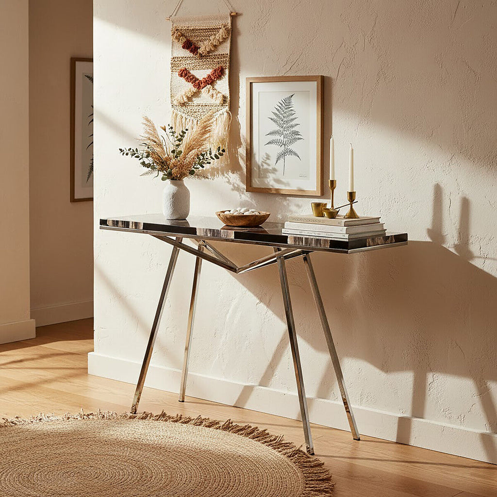 Black Resin and Wooden Console Table with Sleek Stainless Steel Silver Legs | Relic