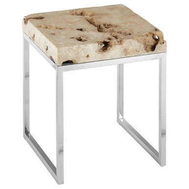 Cheese Stone Round Side Table Rustic Charm Silver Slim Legs | Relic