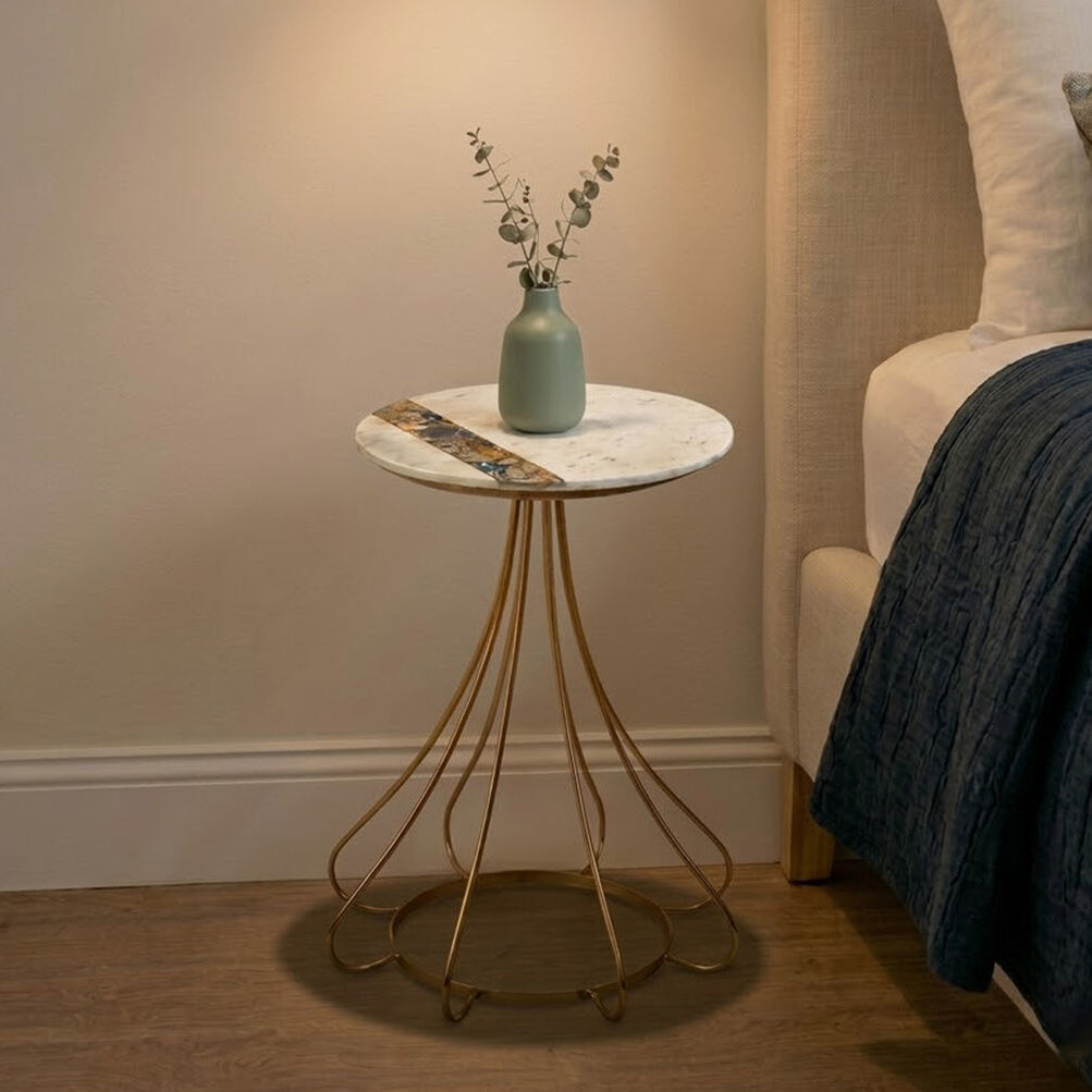 White Marble and Semi-Precious Agate Side Table with Gold Brass Legs, Vizzini