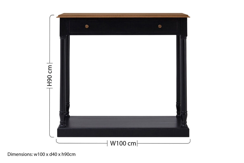 Natural Wooden Top and Black Bayur Wood 1-Drawer Console Table with Brass Handles | Loire
