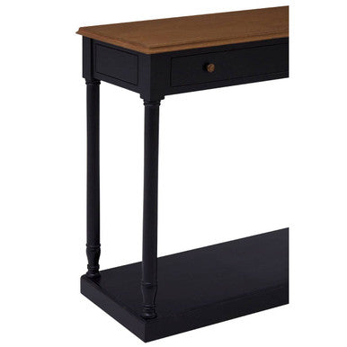 Natural Wooden Top and Black Bayur Wood 1-Drawer Console Table with Brass Handles | Loire
