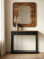Natural Wooden Top and Black Bayur Wood 1-Drawer Console Table with Brass Handles | Loire