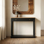 Natural Wooden Top and Black Bayur Wood 1-Drawer Console Table with Brass Handles | Loire
