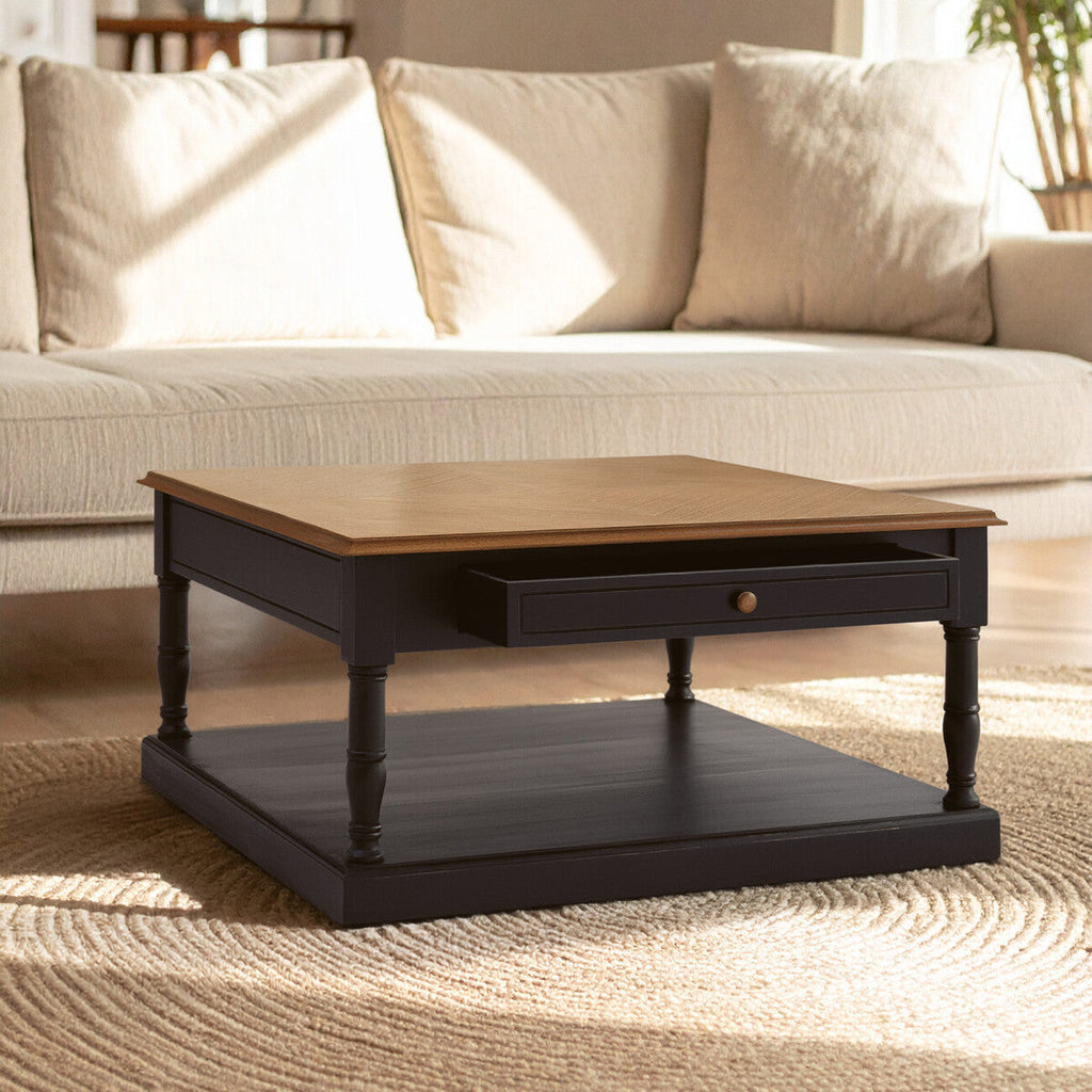 Black and Natural Wooden Coffee Table with 1 Slim Storage Drawer | Loire