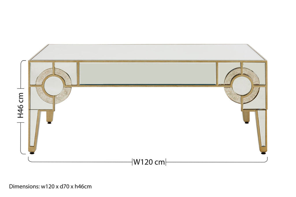 Antique Motif Mirrored Glass Coffee Table with Natural Gold Tone Border | Knightsbridge