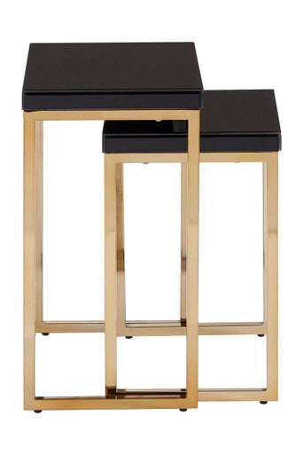 Set of 2 Glossy Black Tops Wooden Nesting Tables with Gold Finish Iron Base | Kensington Townhouse
