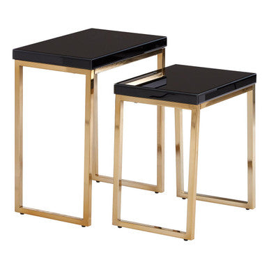 Set of 2 Glossy Black Tops Wooden Nesting Tables with Gold Finish Iron Base | Kensington Townhouse
