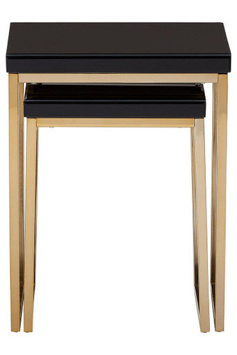 Set of 2 Glossy Black Tops Wooden Nesting Tables with Gold Finish Iron Base | Kensington Townhouse