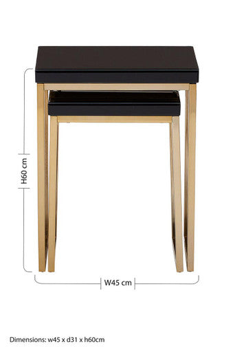Set of 2 Glossy Black Tops Wooden Nesting Tables with Gold Finish Iron Base | Kensington Townhouse