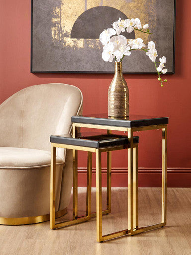 Set of 2 Glossy Black Tops Wooden Nesting Tables with Gold Finish Iron Base | Kensington Townhouse