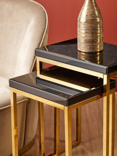 Set of 2 Glossy Black Tops Wooden Nesting Tables with Gold Finish Iron Base | Kensington Townhouse
