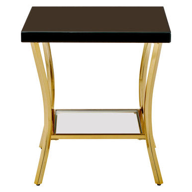 Black Mirror Glass Top and Wooden Side Table with Reflective Gold Curved Iron Legs | Kensington Townhouse