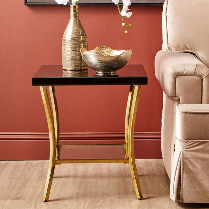 Black Mirror Glass Top and Wooden Side Table with Reflective Gold Curved Iron Legs | Kensington Townhouse