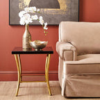 Black Mirror Glass Top and Wooden Side Table with Reflective Gold Curved Iron Legs | Kensington Townhouse