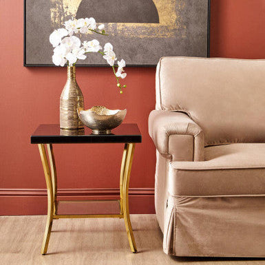 Black Mirror Glass Top and Wooden Side Table with Reflective Gold Curved Iron Legs | Kensington Townhouse