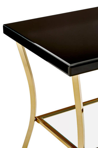 Black Mirror Glass Top and Wooden Side Table with Reflective Gold Curved Iron Legs | Kensington Townhouse