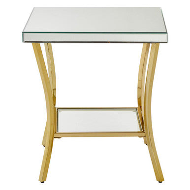 Glossy Black Top Mirror Side Table with Reflective Gold Curved Iron Legs | Kensington Townhouse