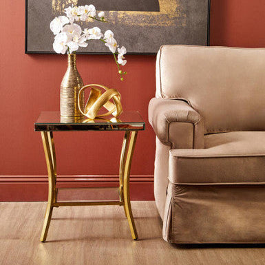 Glossy Black Top Mirror Side Table with Reflective Gold Curved Iron Legs | Kensington Townhouse