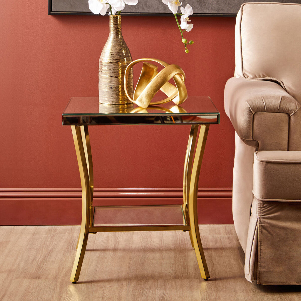 Glossy Black Top Mirror Side Table with Reflective Gold Curved Iron Legs | Kensington Townhouse