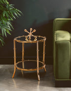 Clear Mirrored Top Side Table with Ring Clasp Detail and Gold Finish Iron Base | Kensington Townhouse