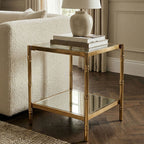 Clear Mirrored Two-Tier Square Side Table with Gold Finish Iron Frame, Kensington Townhouse