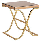 Brown Square Glass Top Side Table with Gold Finish Metallic X-Shaped Base, Kensington Townhouse